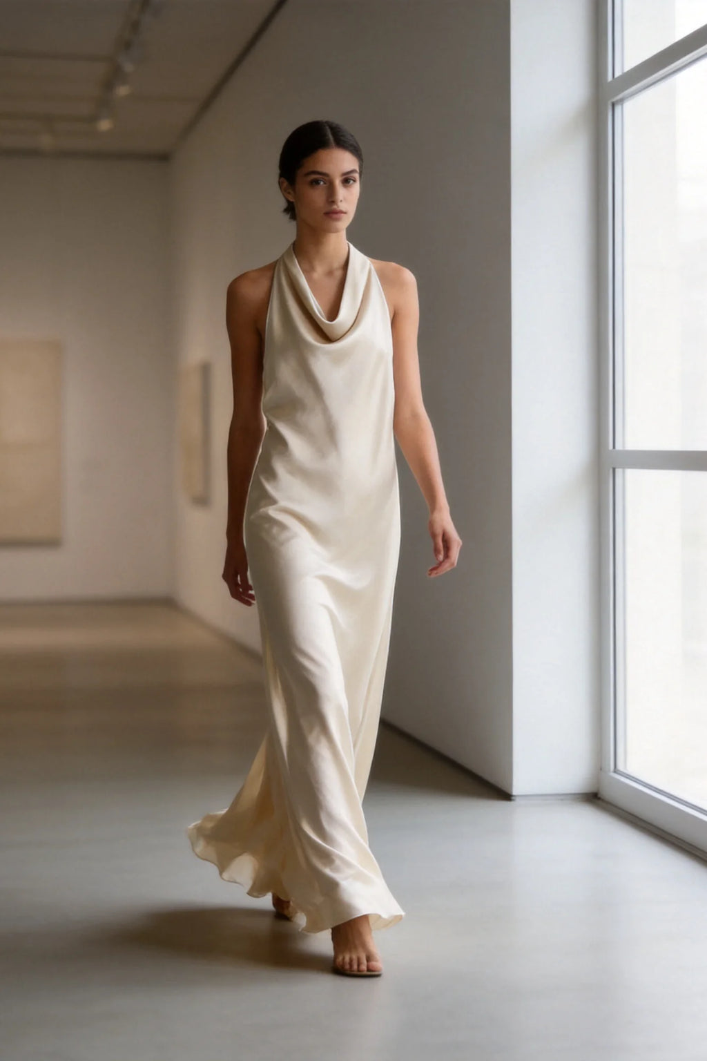 Vestido largo satinado beige cuello halter cierre botones - Zeyala