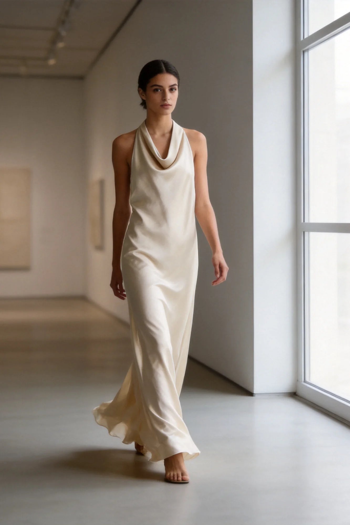 Vestido largo satinado beige cuello halter cierre botones - Zeyala
