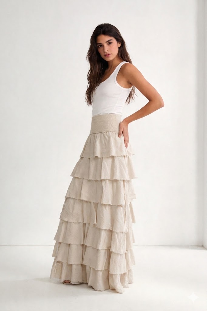 Falda Larga Volantes beige - falda larga de algodón y viscosa - Zeyala