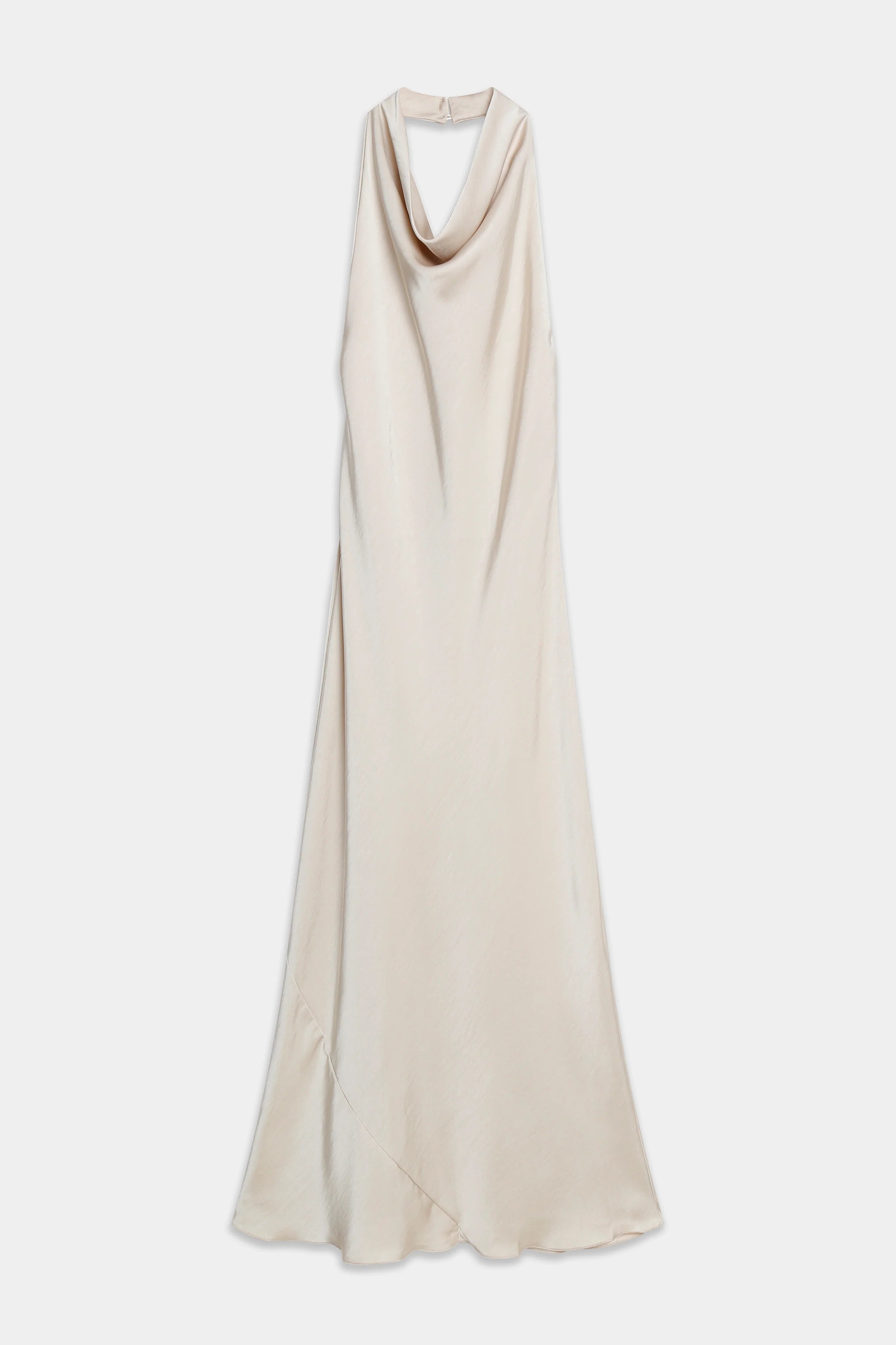 Vestido largo satinado beige diseño halter caída fluida - Zeyala