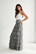 Falda Larga Volantes gris - falda midi fluida con capas - Zeyala
