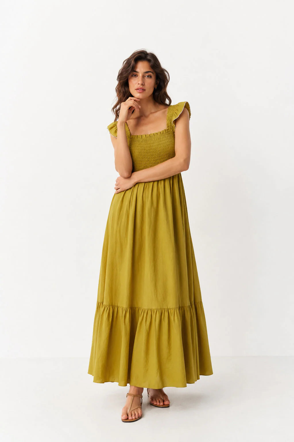 Vestido Midi Tirantes Volantes Escote Recto