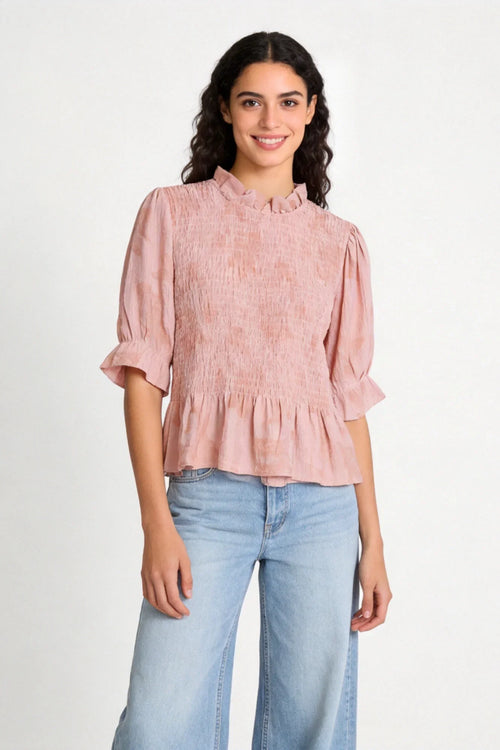 Blusa Textura Rosa manga corta tejido fluido - Zeyala