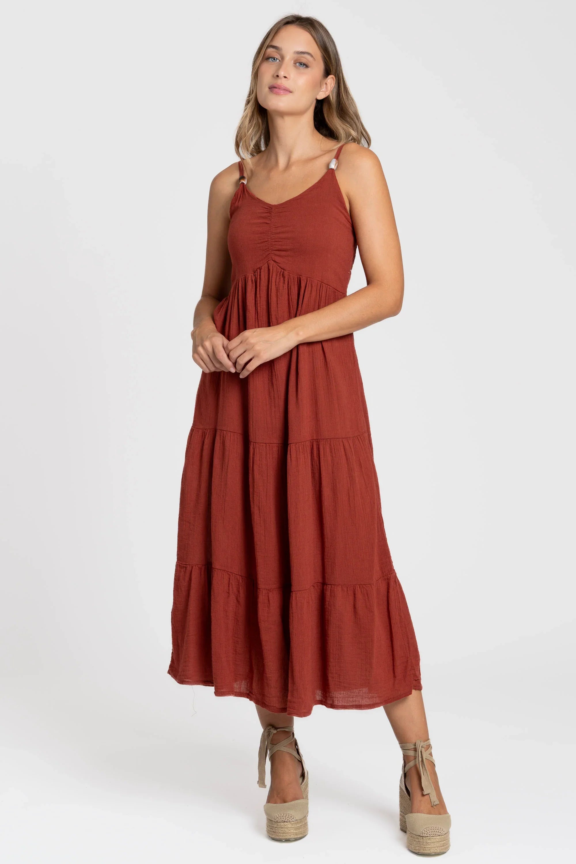 Vestido Largo Siena Algodón con tirantes finos - Color Teja