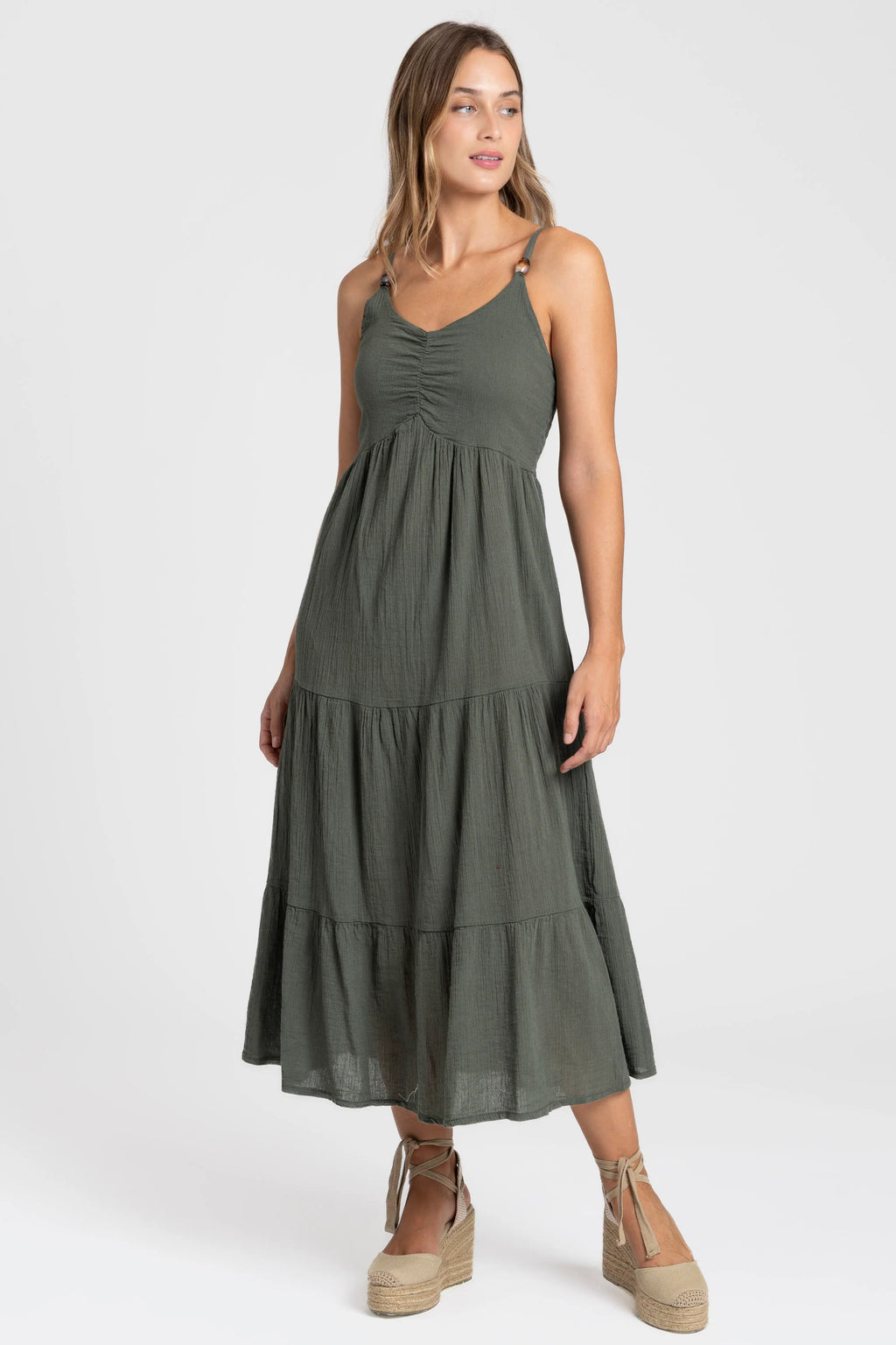 Vestido largo tirantes algodón color verde oliva, vista frontal - Zeyala