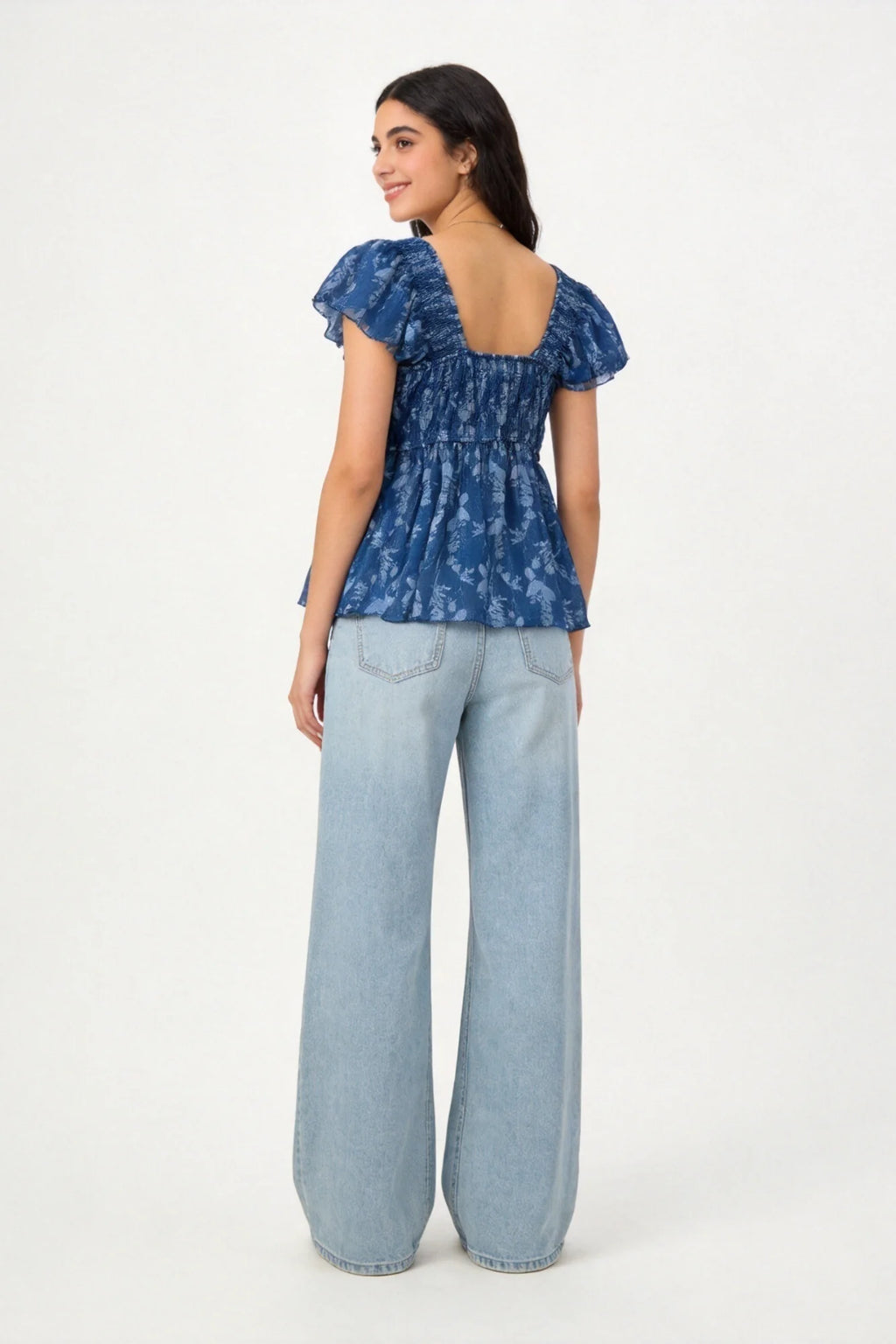 Blusa Estampada Escote Pico Manga Volantes