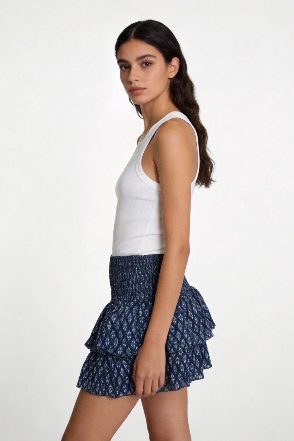 Falda pantalón azul navy estampada tiro alto cintura elástica - Zeyala"