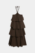 Vestido midi halter volantes algodón color marrón, vista completa 