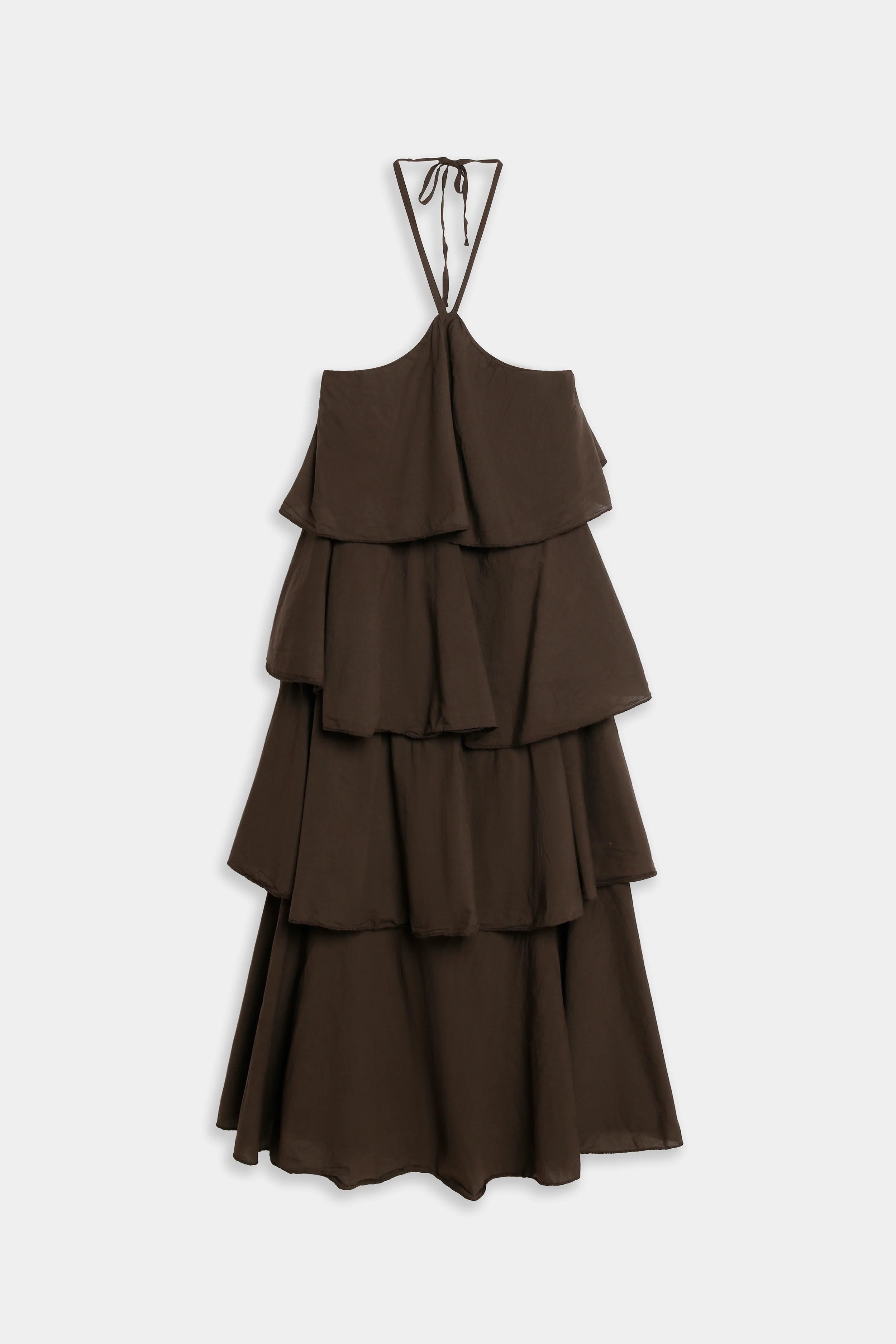 Vestido midi halter volantes algodón color marrón, vista completa 