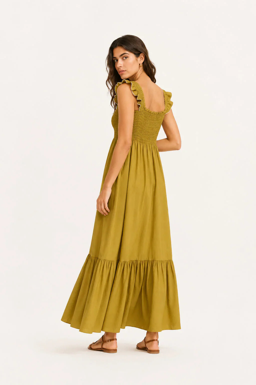 Vestido Largo Vivian oliva lateral - vestido fluido de viscosa y poliamida - Zeyala