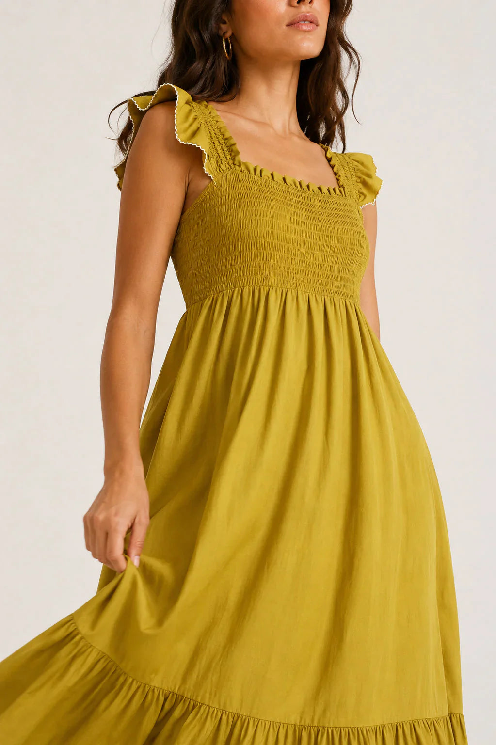 Vestido Largo Vivian oliva detalle - tejido ligero 85% viscosa 15% poliamida - Zeyala
