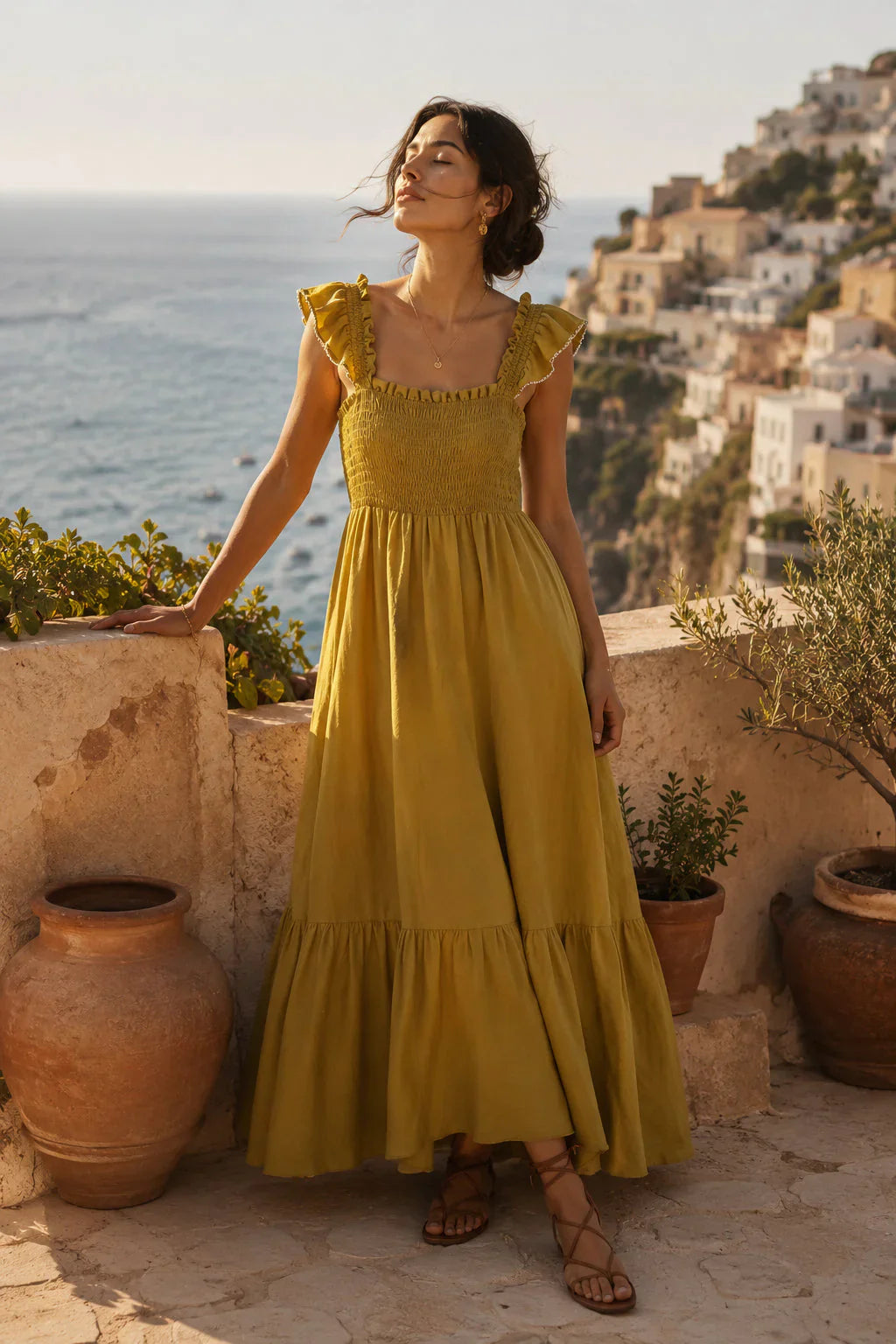 Vestido Largo Vivian oliva - vestido midi de tirantes con volante - Zeyala